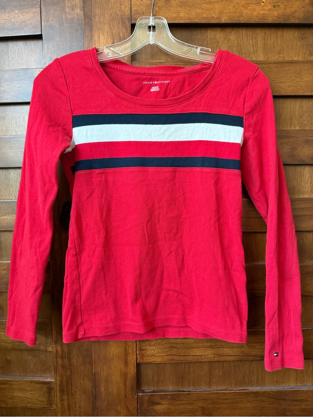 Vintage Y2K Tommy Hilfiger Red Long Sleeve Tee with Navy & White Logo Stripes